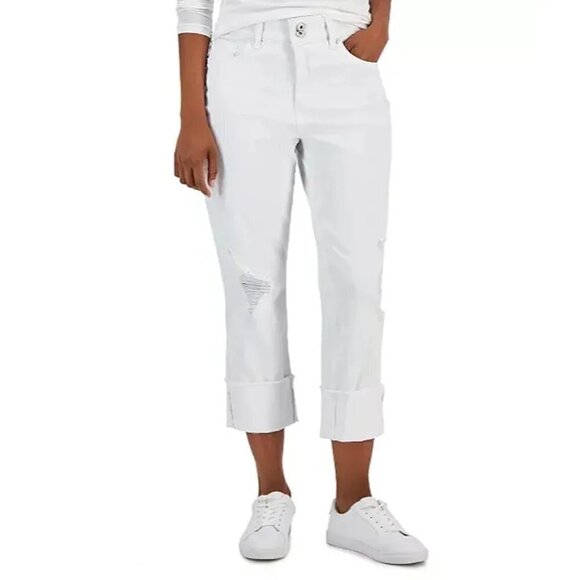 Style & Co Women's High Cuffed Destressed White Capri Jeans - Picture 1 of 9